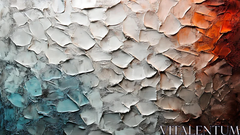 Abstract textured oil painting with cool blue and warm orange tones.