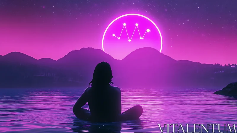 Neon horizon crowns a meditating voyager in liquid starlight