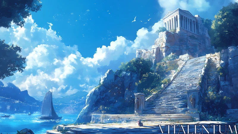 Sunlit cliffside temple above azure Mediterranean bay.