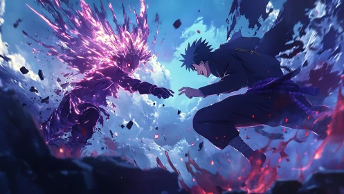 Two airborne warriors in mid strike amid energy fragments.