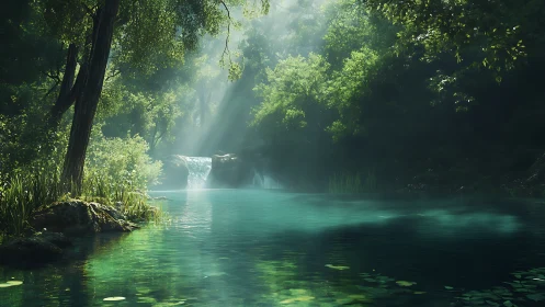 Emerald forest lagoon with cascading waterfall and sunbeams.