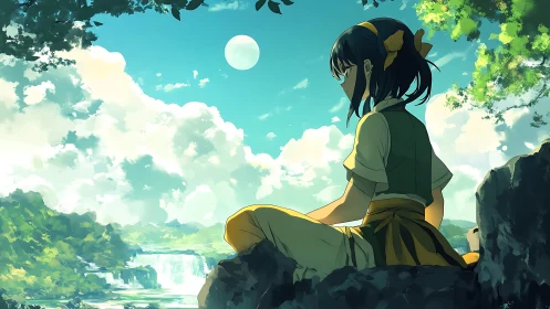 Girl contemplates a tranquil waterfall under a bright sky