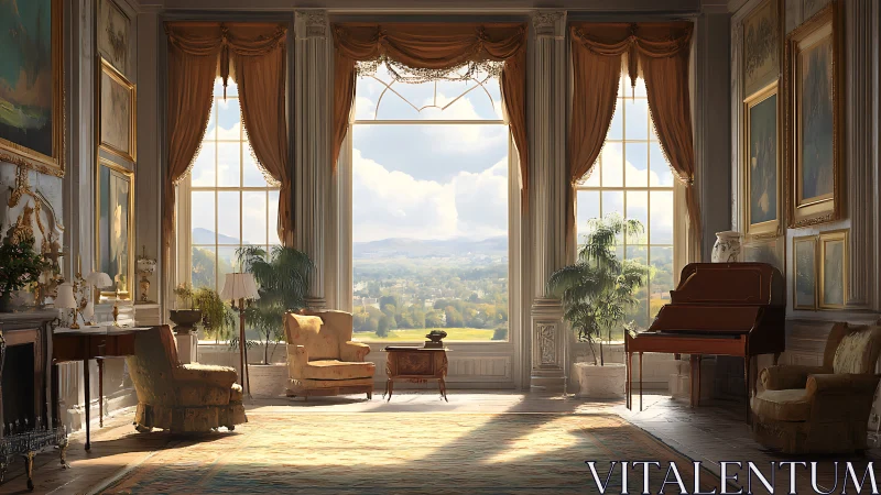 Sunlit neoclassical salon framing pastoral valley view.