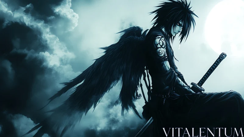 Nocturnal winged swordsman silhouetted against full moon sky