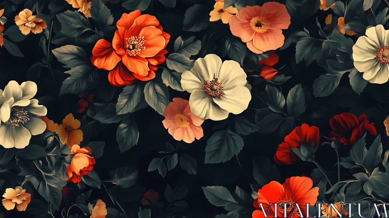 Botanical Symphony: Where Crimson Blooms Dance Against Obsidian Shadows