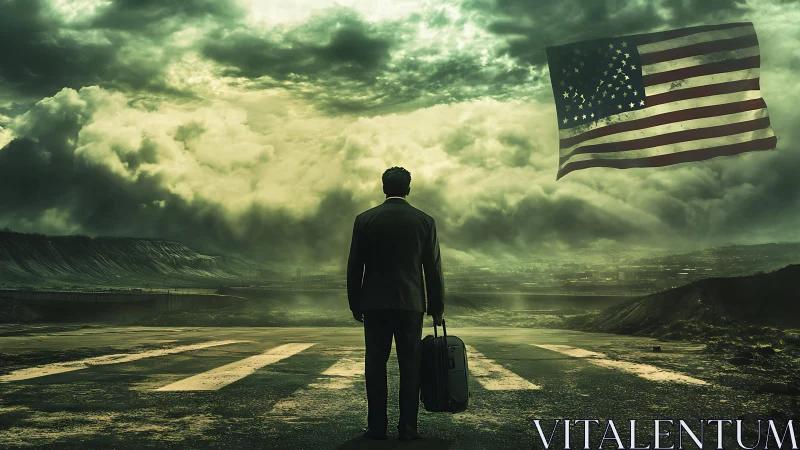 Solitary traveler surveys dystopian landscape under tattered flag