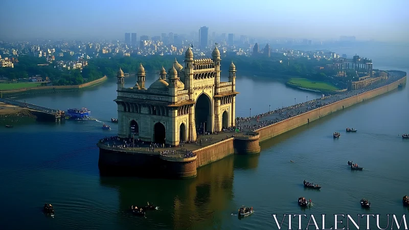 Sunlit waterfront arch welcomes visitors above calm harbor