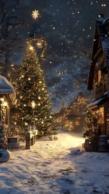 Snow-covered village street with illuminated Christmas tree.