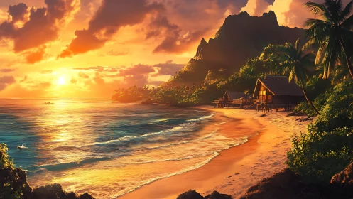Golden tropical sunset bathes a tranquil island shoreline