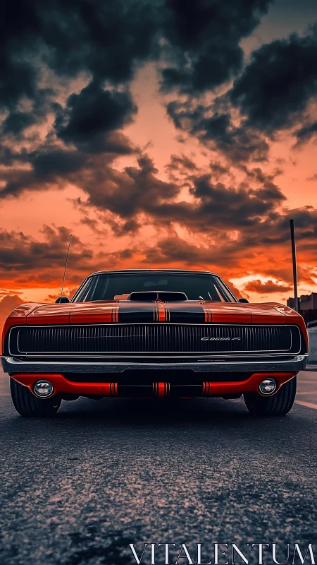 Sunset-lit muscle car growls softly beneath stormy clouds