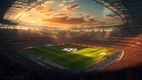 Floodlit football stadium packed for sunset match night.