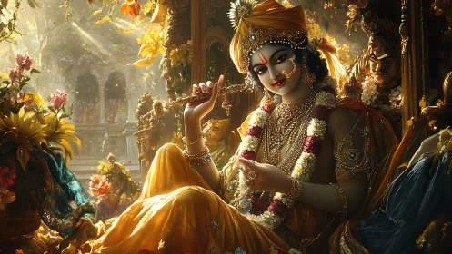 Divine musician figure seated in ornate floral golden shrine