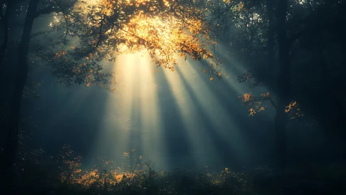 Morning sunbeams piercing misty woodland canopy glow.