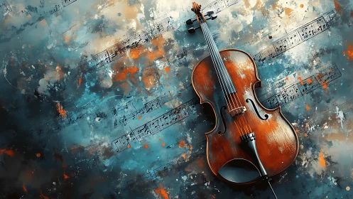 Violin on abstract blue background with floating sheet music.