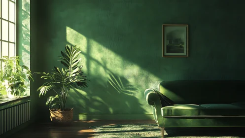 Sunlit green parlor where houseplants rehearse their shadows.