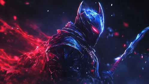 Armored spectral warrior rendered with neon rim lighting and motion trails