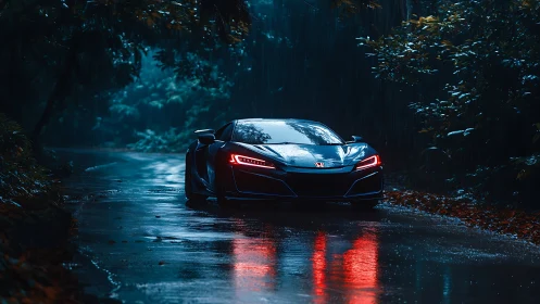 Honda sports car glows on rainy forest road at dusk.