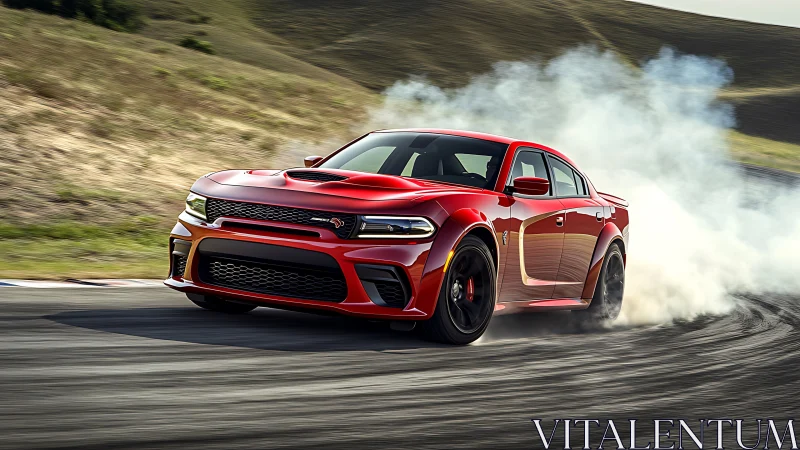 High-torque red muscle sedan executing controlled drift maneuver.