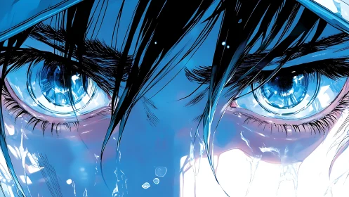 Intense blue anime eyes stare through shimmering liquid light.