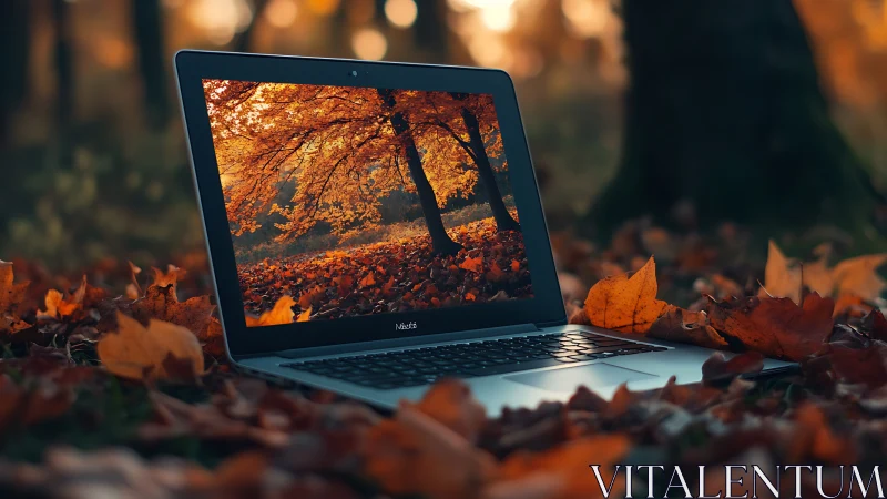 Open laptop mirrors autumn forest scene with warm color harmony