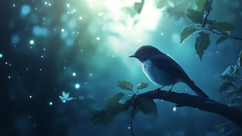Dreamy forest bird at dawn, glowing bokeh and magical light.