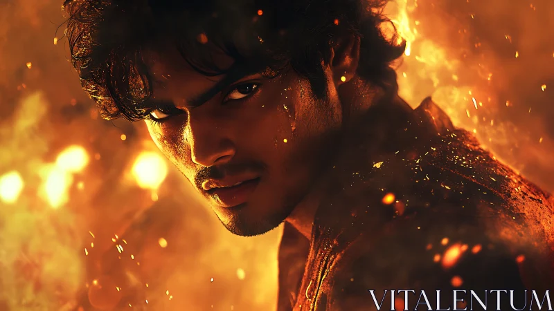 Intense male portrait in fiery bokeh field with ember particles