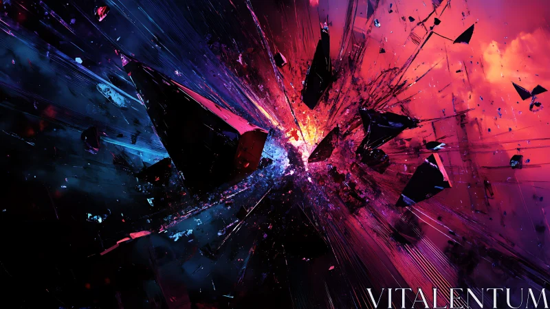 Shattered neon crystal explodes in a cosmic twilight void