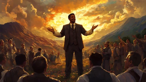 Sunlit Orator Ignites a Valley Crowd in Golden Resolve.