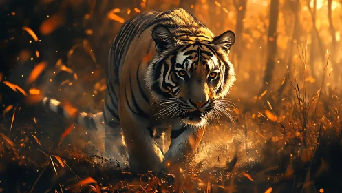 Tiger stalking through glowing forest at golden sunset.