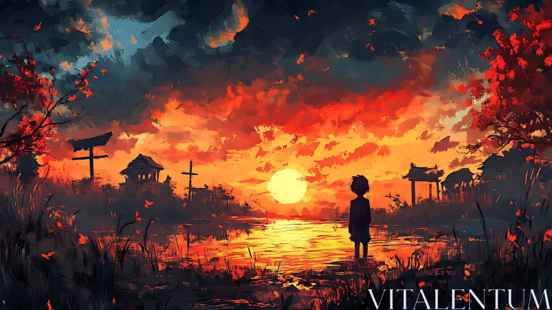 Solitary child contemplates a blazing crimson river sunset