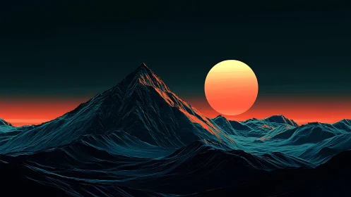 Neon-glazed summit under oversized solar ember horizon.