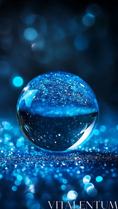 Glistening blue crystal orb rests in a dreamy starlit glow