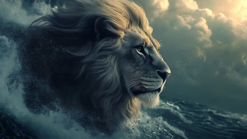 Digital lion portrait merged with stormy ocean waves.
