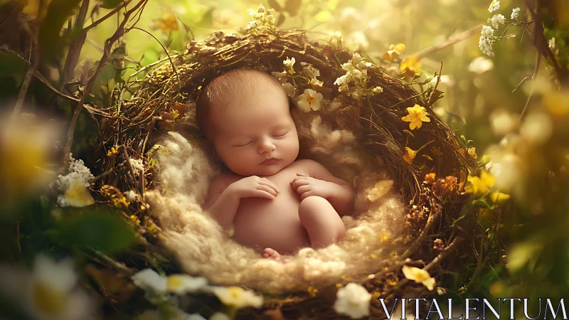 Newborn baby sleeping in floral nest with soft golden bokeh