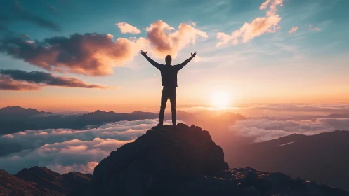 Silhouette on mountain summit against layered cloud horizon.