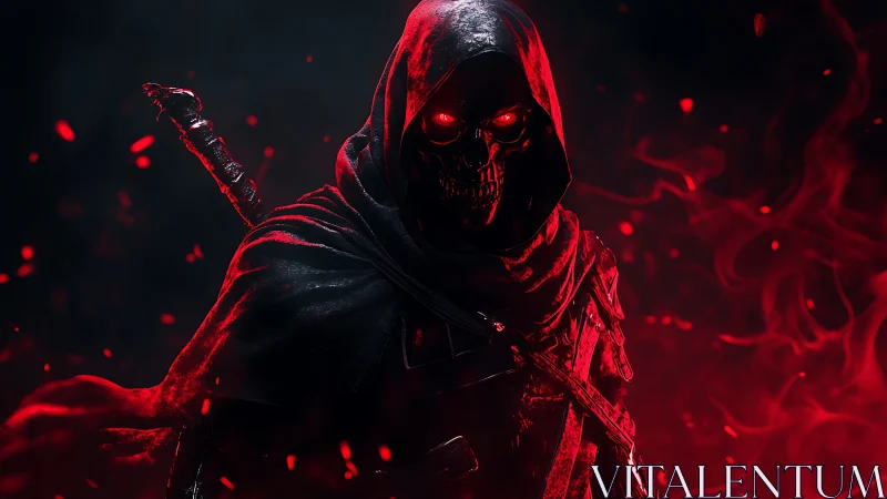 Hooded skeletal reaper stalks through glowing crimson smoke.