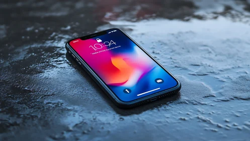 iPhone Display With Dynamic Gradient Wallpaper On Textured Concrete Surface