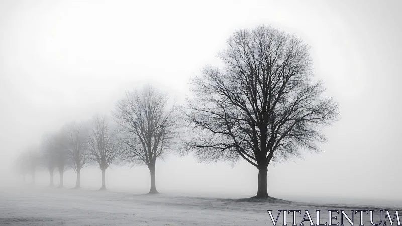 Solitary winter tree stands in serene morning fog landscape.