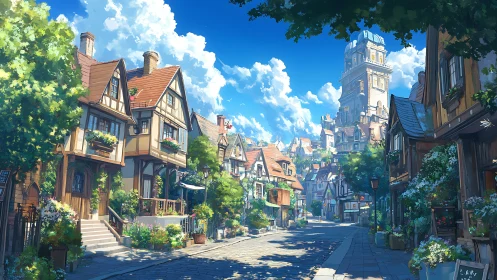 Sunlit European village street with lush summer gardens.