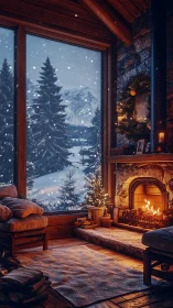 Firelit winter cabin window cradling a storybook snowfall.