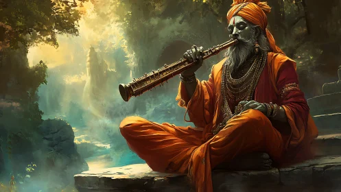 Elderly robed musician playing flute in misty forest scene.