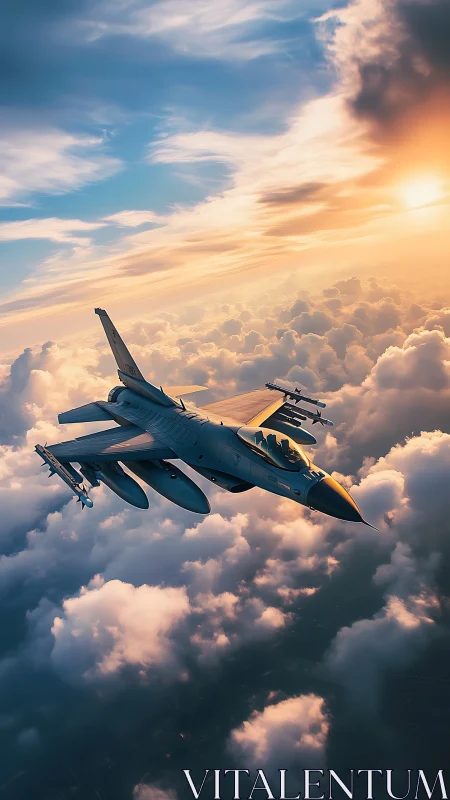 Sunlit fighter jet carving a blazing path through clouds.