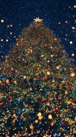 Giant outdoor Christmas tree lit with dense festive lights.