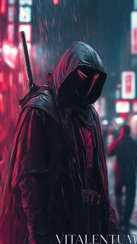 Hooded cybernetic vigilante stalks neon city in heavy rain