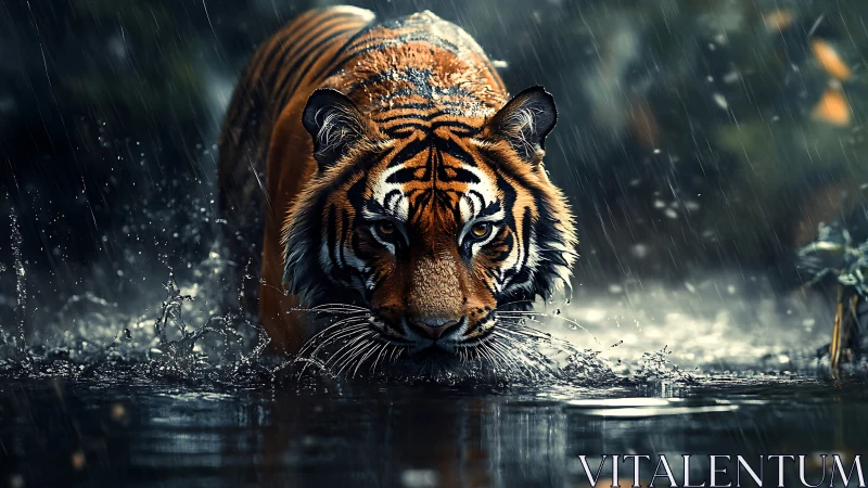 Rainstorm forges a prowling tiger into liquid-fire focus
