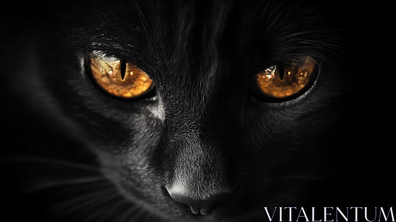 Close frontal view isolates a black cat&rsquo;s reflective eyes