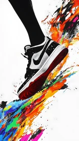 Sneaker explodes through vivid paint streaks in dynamic motion