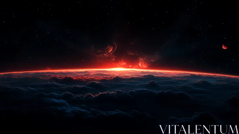 Molten red horizon above stormy alien cloud seas.