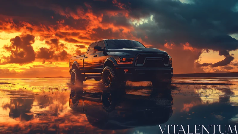 Pickup truck is rendered on reflective wet ground at sunset