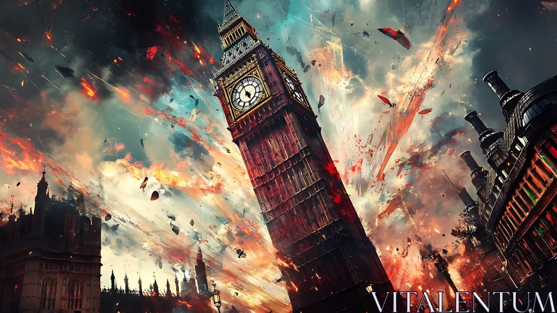 Apocalyptic clocktower collapse in combustive urban vortex.